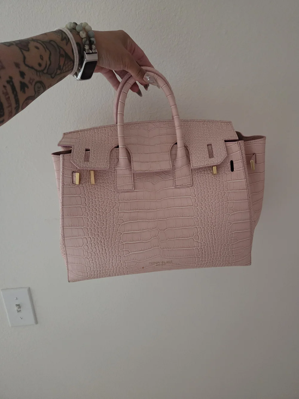 Teddy Blake Gigi Pink Croc-Embossed Satchel